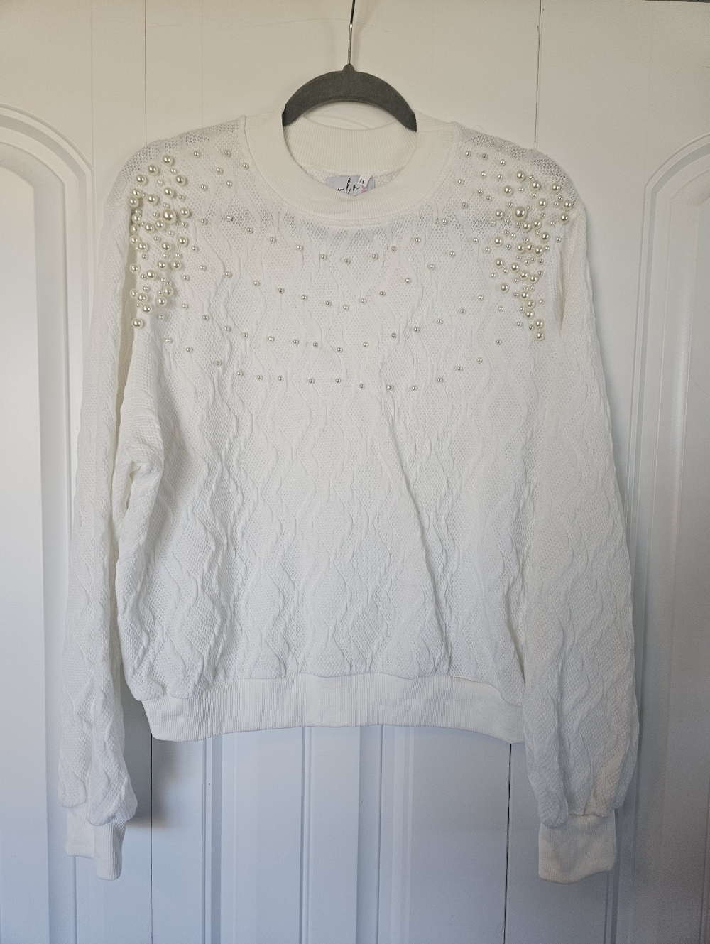 White Pearl-Embellished Knit Sweater Size Medium